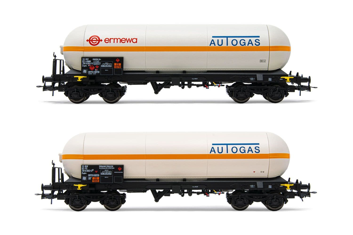 FS, 2-unit set of 4-axle gas tank wagons Zagkks, "ermewa Autogas" + "Autogas", with orange stripe, period V. Suitable AC wheelsets for this item: HC6102 (10,50 x 24,50 mm)