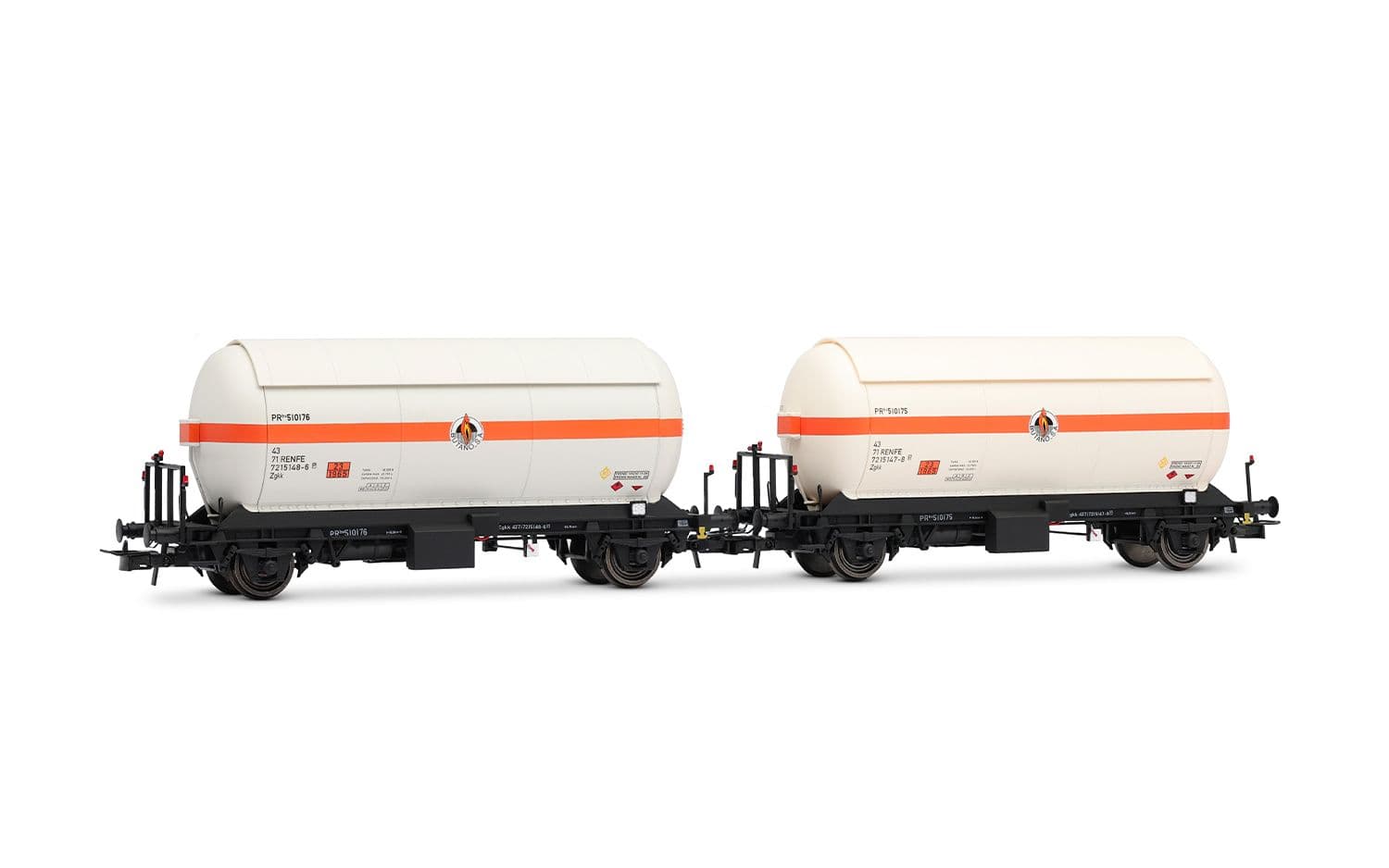 RENFE, 2-unit set of 2-axle gas tank wagons, "Butano S.A." white-orange livery, ep. IV