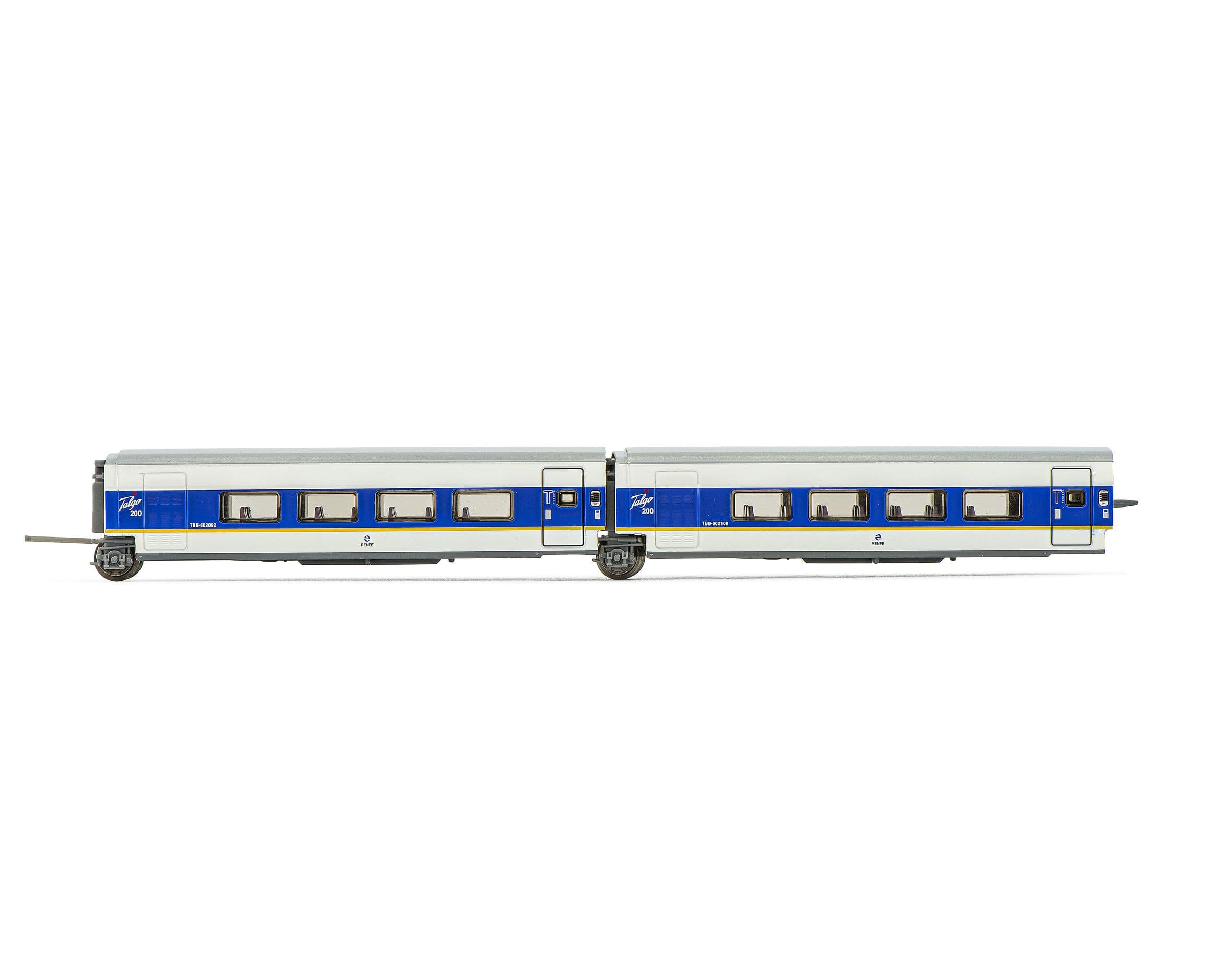 RENFE, set de 2 coches adicionales de segunda clase, decoración azul/blanca con franja amarilla, ép. V