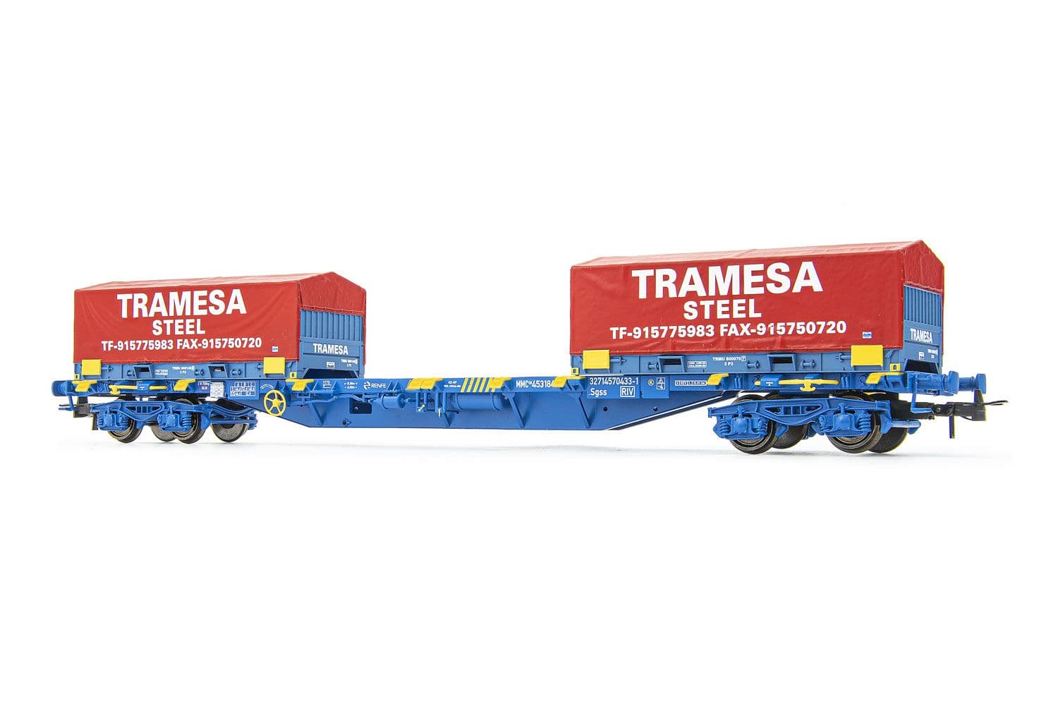 RENFE, MMC3 container flat wagon, loaded with 2 x 20' coil containers "TRAMESA", blue livery, ep. VI