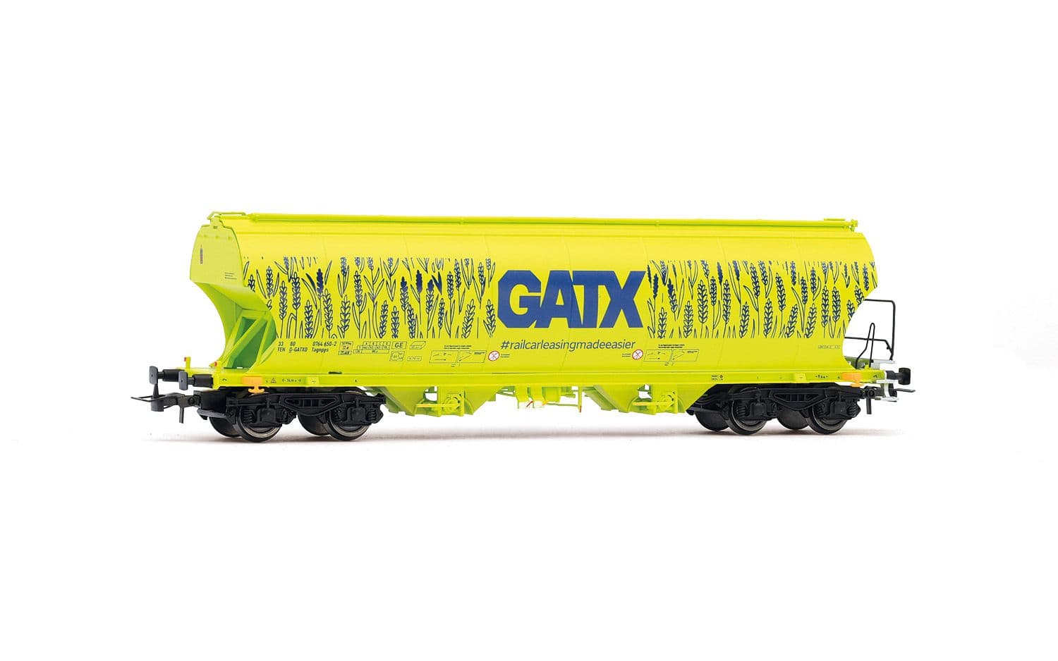D-GATX, carro tramoggia a pareti arrotondate a 4 assi, livrea verde neon “Cereals” con grande logo "GATX"