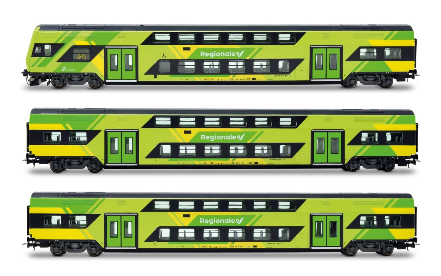 FS Trenitalia, 3-tlg. Set Vivalto-Doppelstockwagen (einer mit Führerstand) neue „Regionale”-Farbgebung