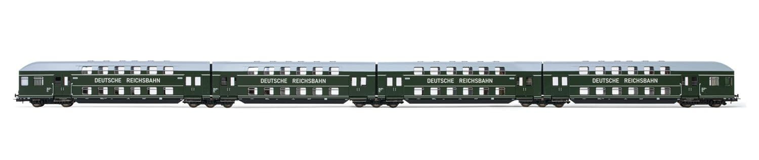 DR, 4-unit set of double-decker coaches with six air-vent roofs, dark green livery, period III