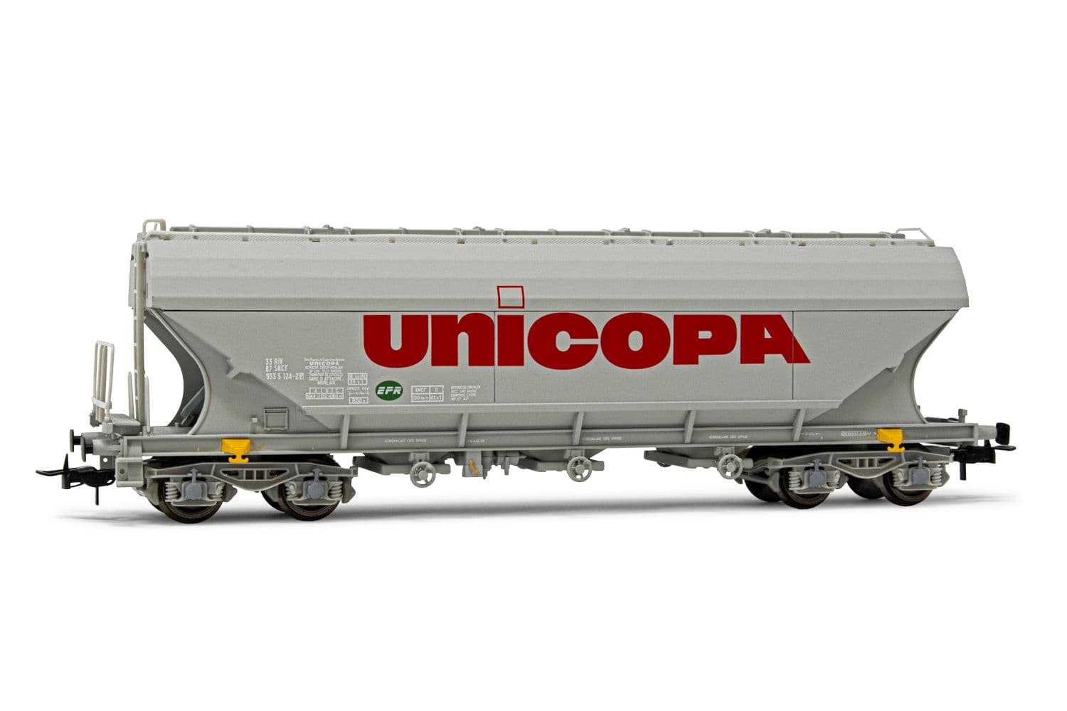 UNICOPA, 4-axle hopper wagon with flat walls, "Unicopa" livery, period IV. Suitable AC wheelsets for this item: HC6100 (10,27 x 25,20 mm)
