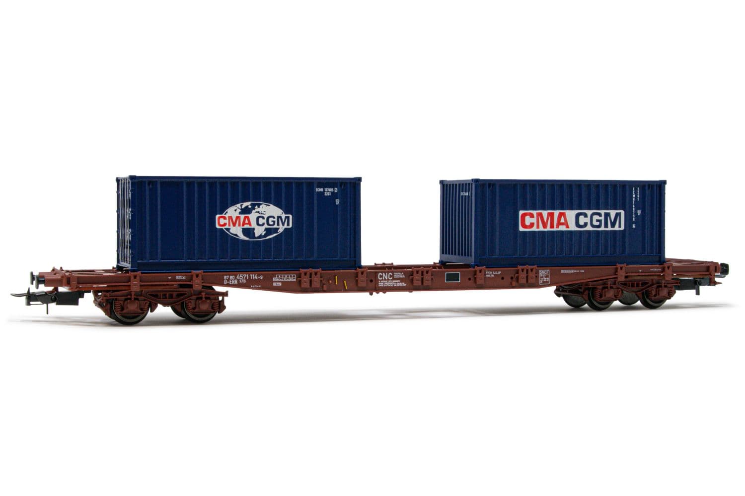 ERR, 4-achs. Flachwagen Sg, in brauner Lackierung, beladen mit 2 x 20' Container "CMA CGM", Ep. VI. Passende AC-Tauschradsätze: HC6100 (10,27 x 25,20 mm)