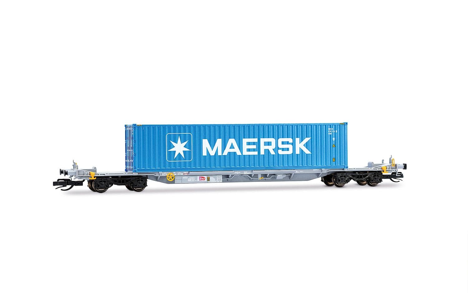 2-unit pack of 4-axle container wagons, grey livery loaded with 2 x 20' + 1 x 40' container "MAERSK"
