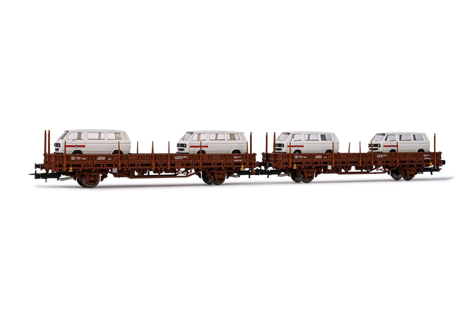 DB, 2-axle flat wagon Kls without stakes in brown livery, loaded with 2 cars (VW T2) "Deutsche Bundesbahn", period IV