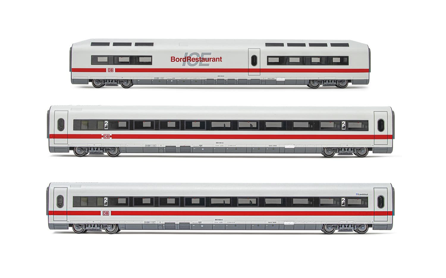 DB AG, set di 3 carrozze aggiuntive ICE 1 BR 401, livrea bianca/rossa, composto da 1 carrozza ristorante e 2 carrozze di 2a classe, Tz 157 "Landshut, ep. VI