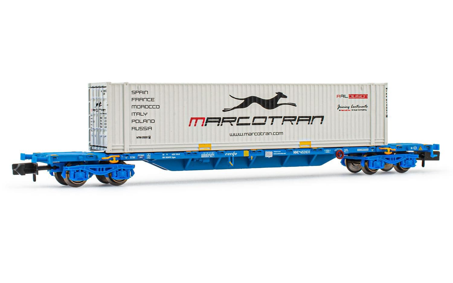 RENFE, 4-axle 60 container wagon MMC, loaded with 45 container ”MARCOTRAN”, period VI
