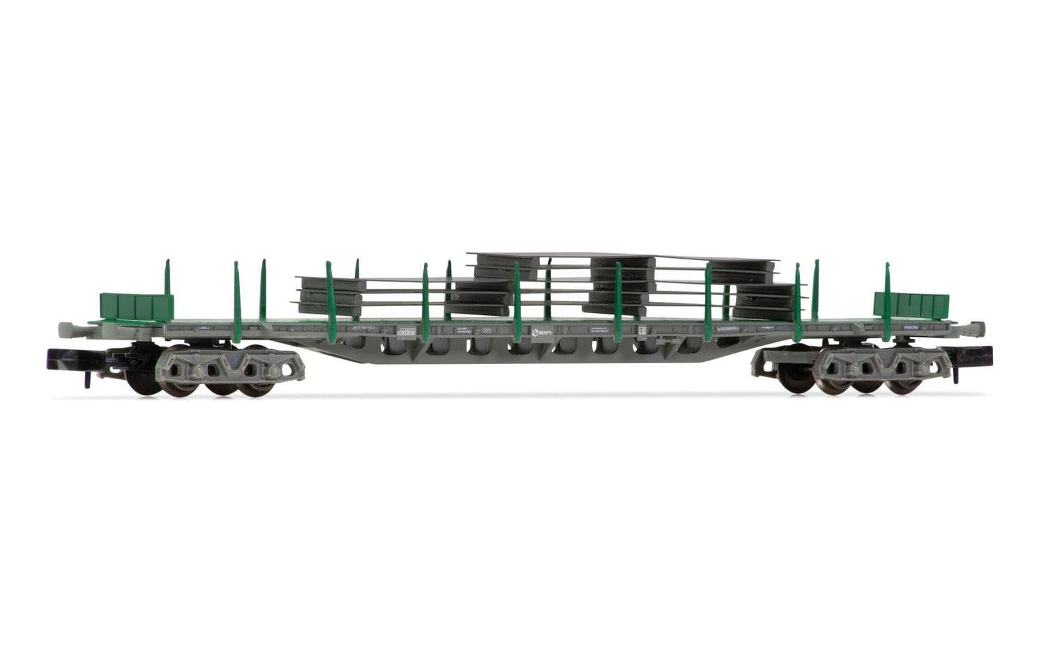 Arnold (N 1:160) RENFE, 4-axle flatwagon type Rgs, green/grey livery, loaded with steel slabs, period VI