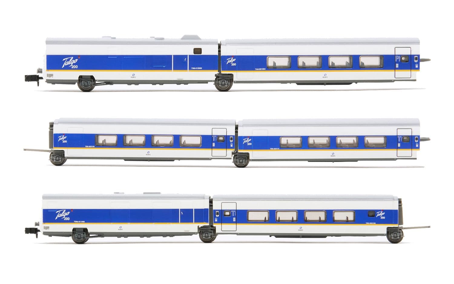 RENFE, set base de 6 unidades, Talgo 200, decoración azul/blanca con franja amarilla, ép. V