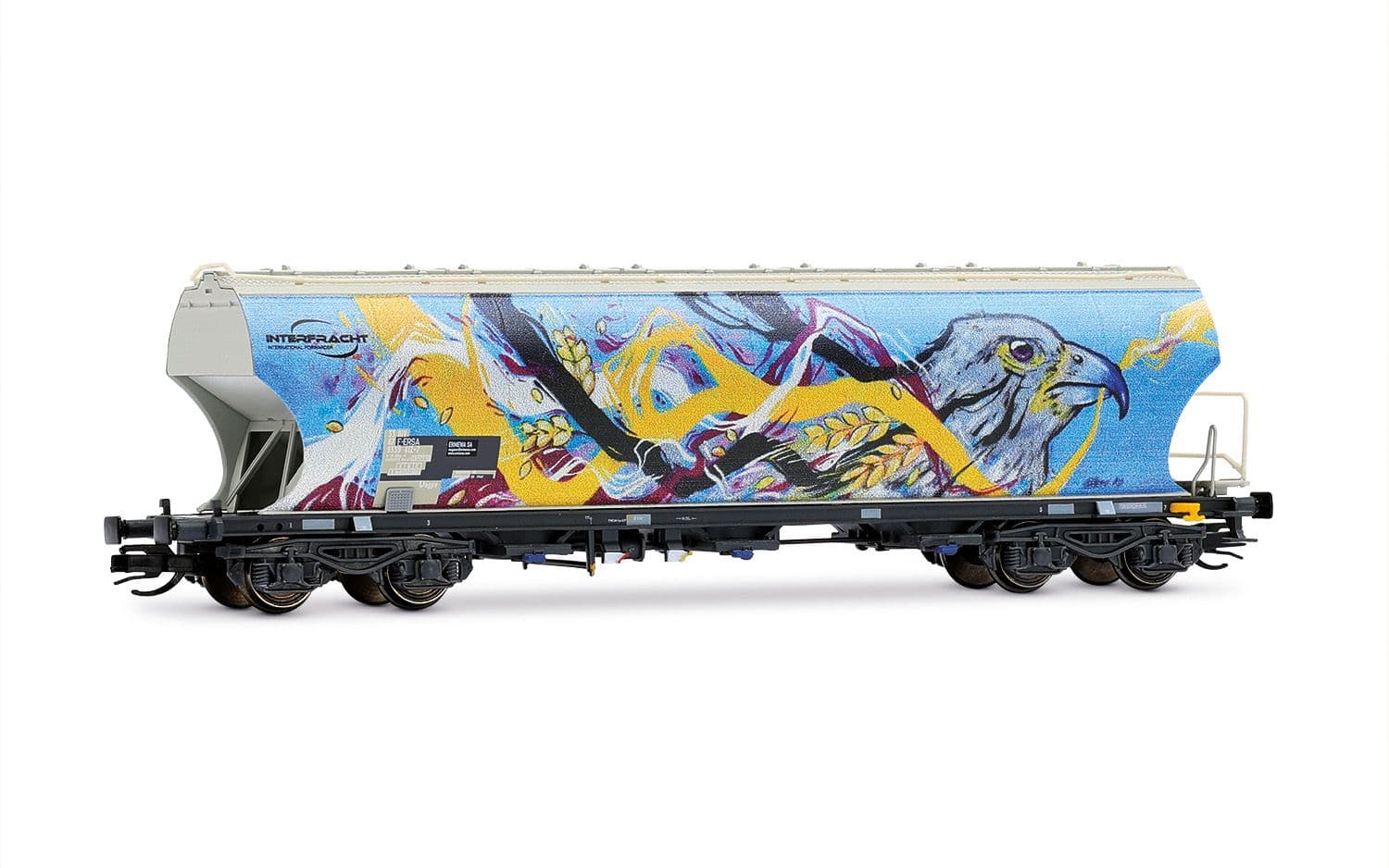 F-ERSA, carro tramoggia per trasporto cereali a 4 assi con pareti arrotondate, “Interfracht”, con graffito raffigurante un uccello