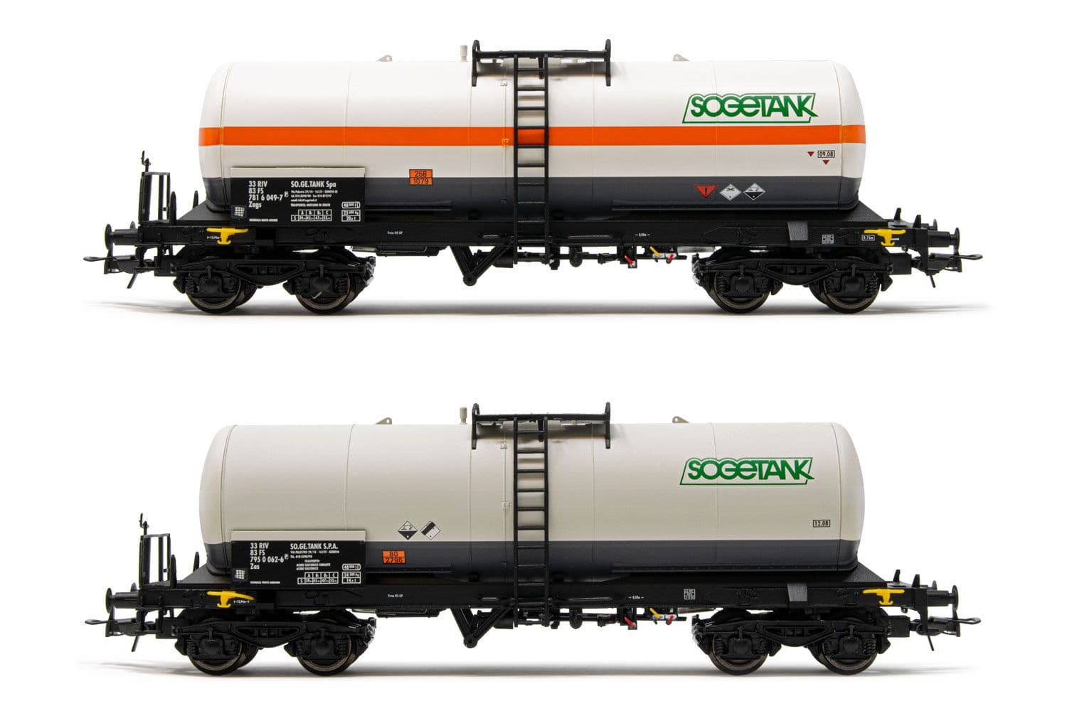 FS, 2-unit set of 4-axle tank wagons Zags/Zas, white livery with and without orange stripe, "Sogetank", period V. Suitable AC wheelsets for this item: HC6102 (10,50 x 24,50 mm)