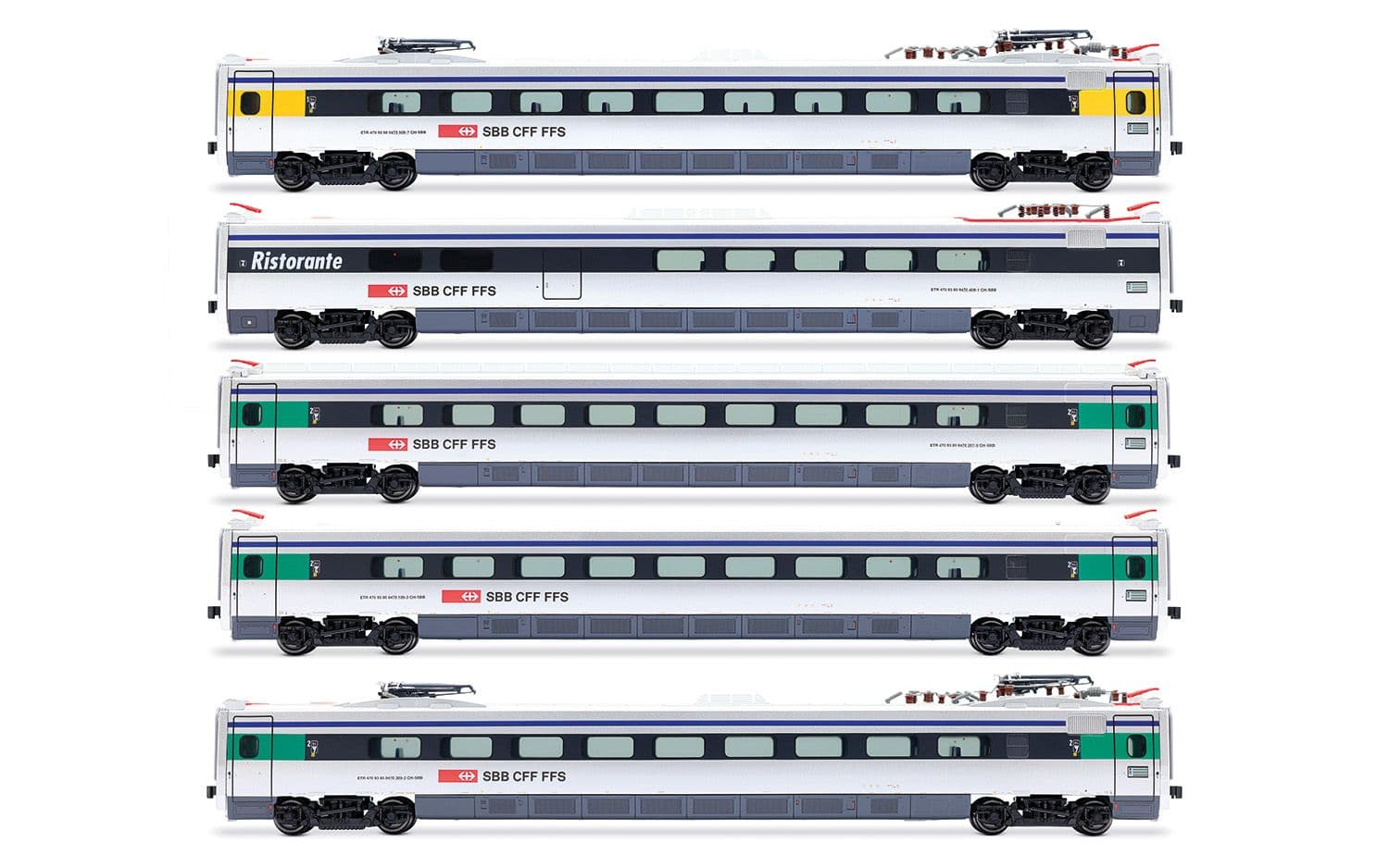 SBB, 5-tlg. Set Zwischenwagen für Hochgeschwindigkeitszug mit Neigetechnik der Reihe ETR 470, Ep. V