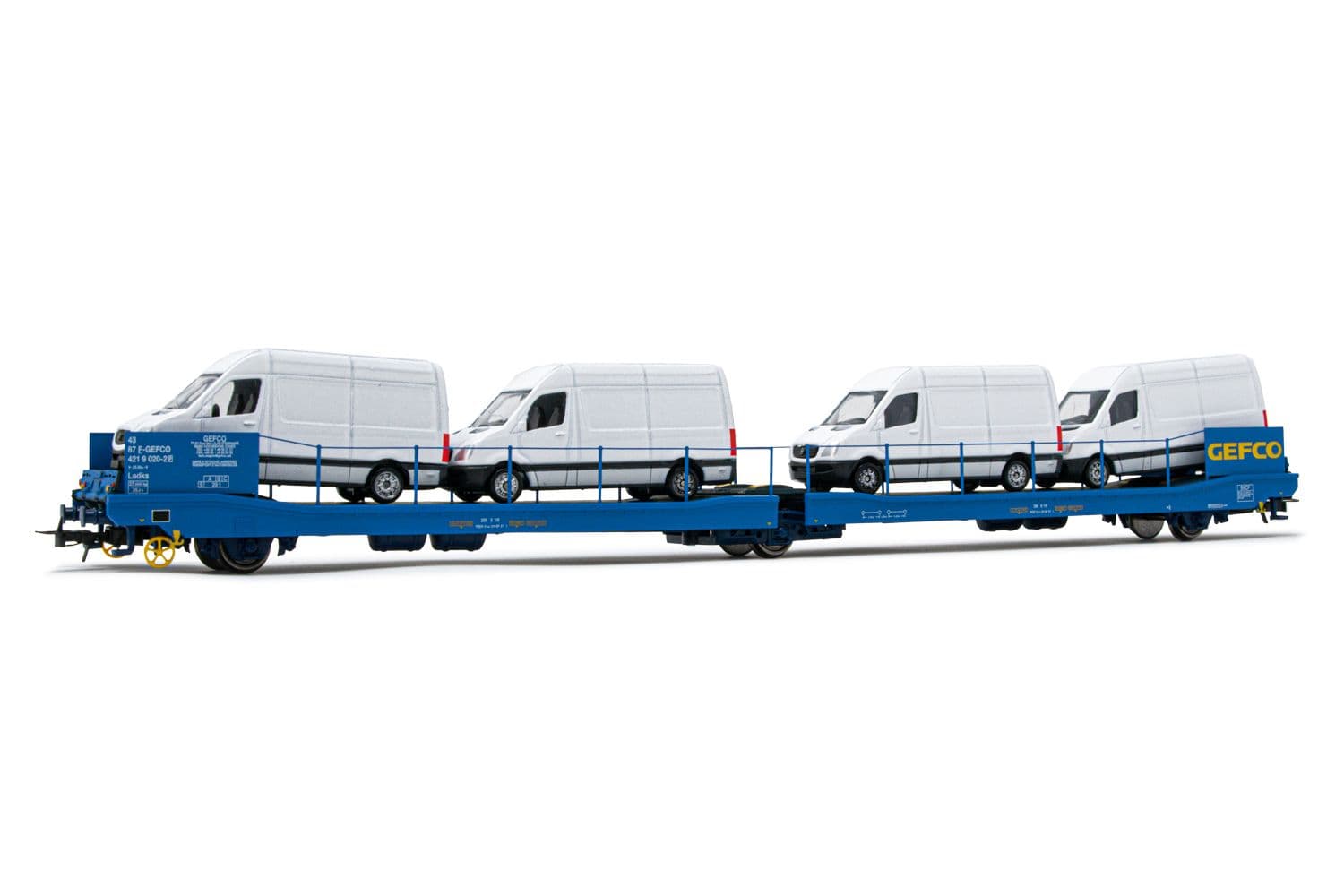 GEFCO, 3-axle flat wagon Ladks, blue livery, loaded with 4 Sprinter vans, period V-VI