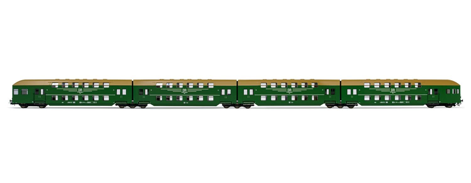 DR, 4-unit set of double-decker coaches with cab-control unit and six air-vent roofs, dark green livery, period IV