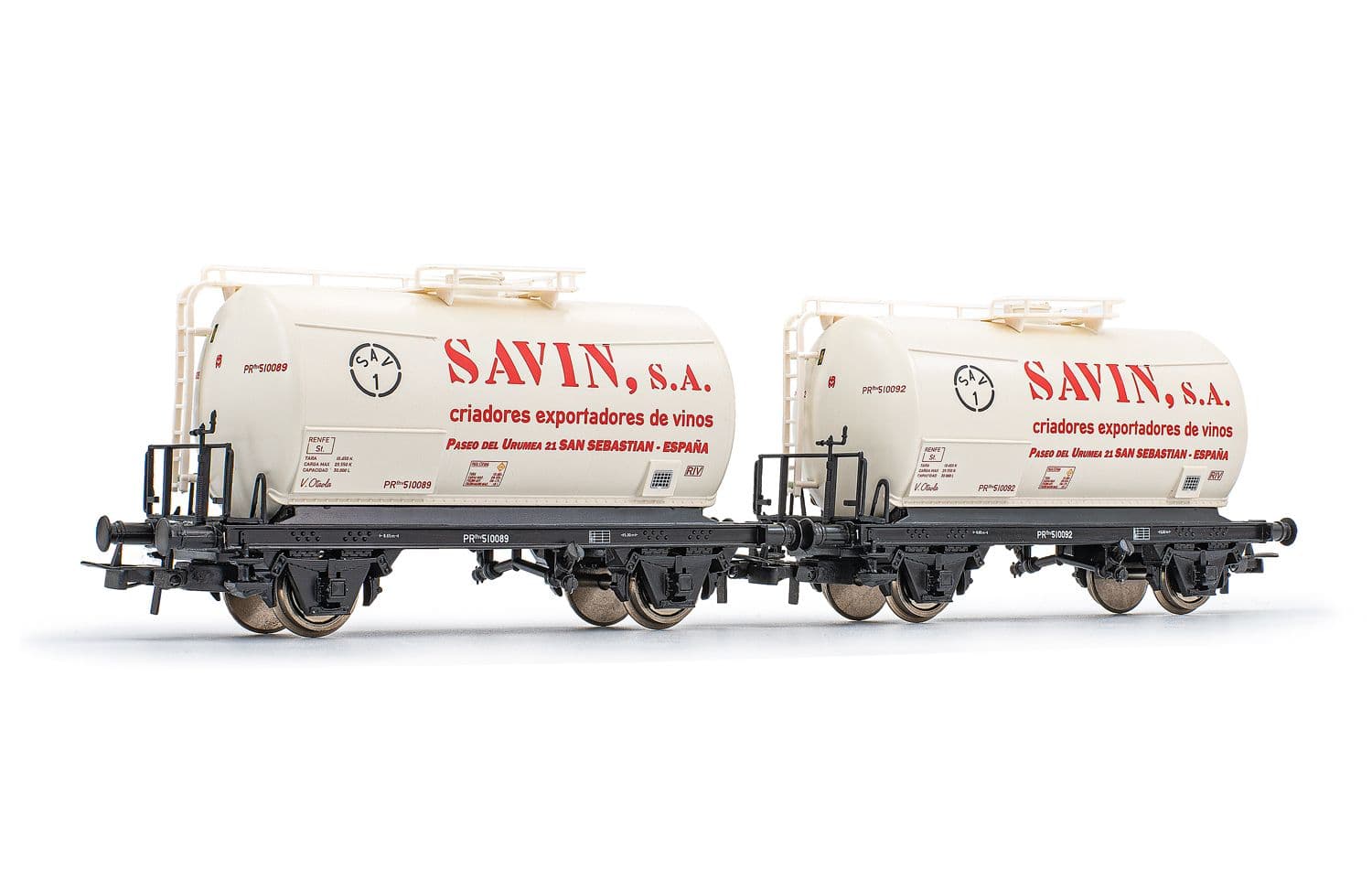 RENFE, set de 2 vagones cisternas de 2 ejes, "Savin S.A.", ép. III. Ejes para sistema AC: HC6101 (11,27 x 24,25 mm)
