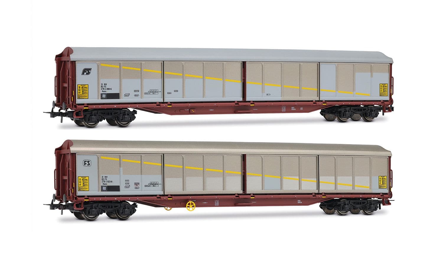 FS, 2-unit set of Habils closed wagons, in silver/brown livery with inclined and rounded FS logo, ep. V