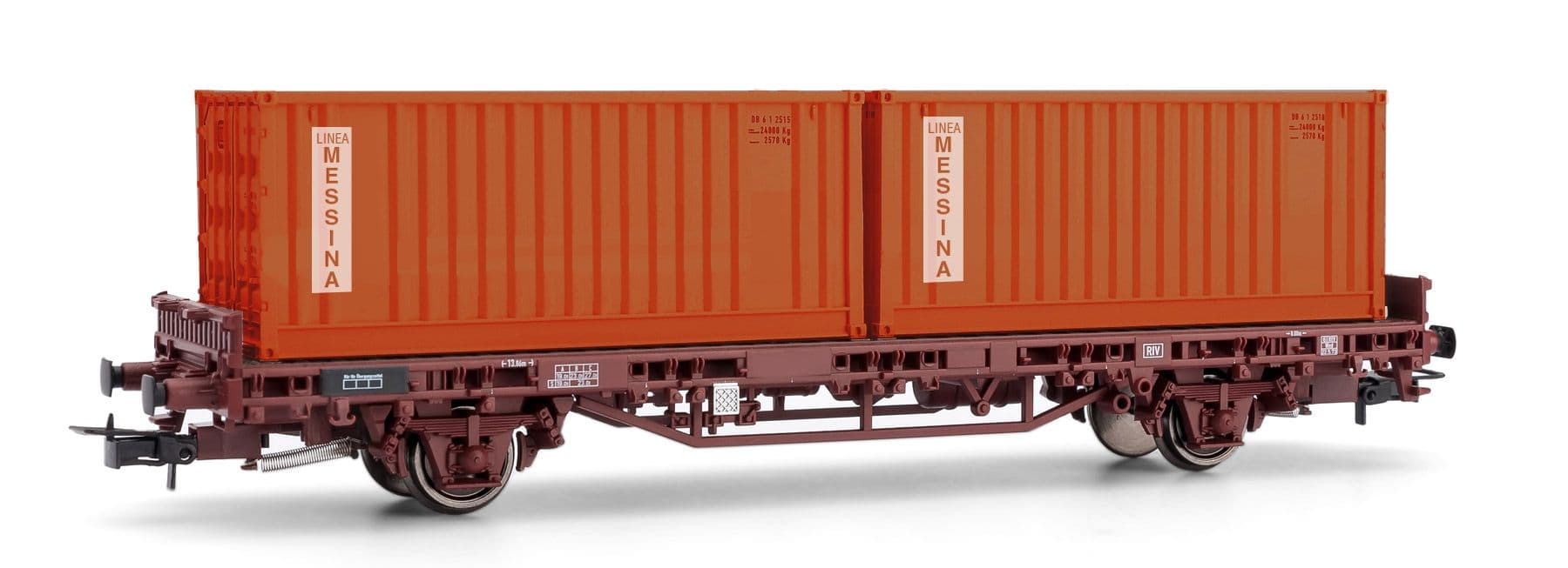 FS, 2-axle flat car Kgps without sideboards in brown livery, loaded with two 20´ containers "MESSINA", period IV-V
