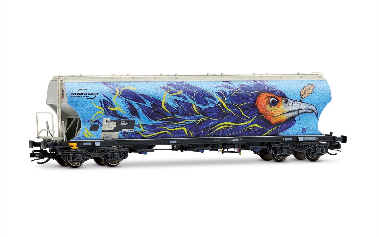 F-ERSA, carro tramoggia per trasporto cereali a 4 assi con pareti arrotondate, “Interfracht”, con graffito raffigurante un uccello