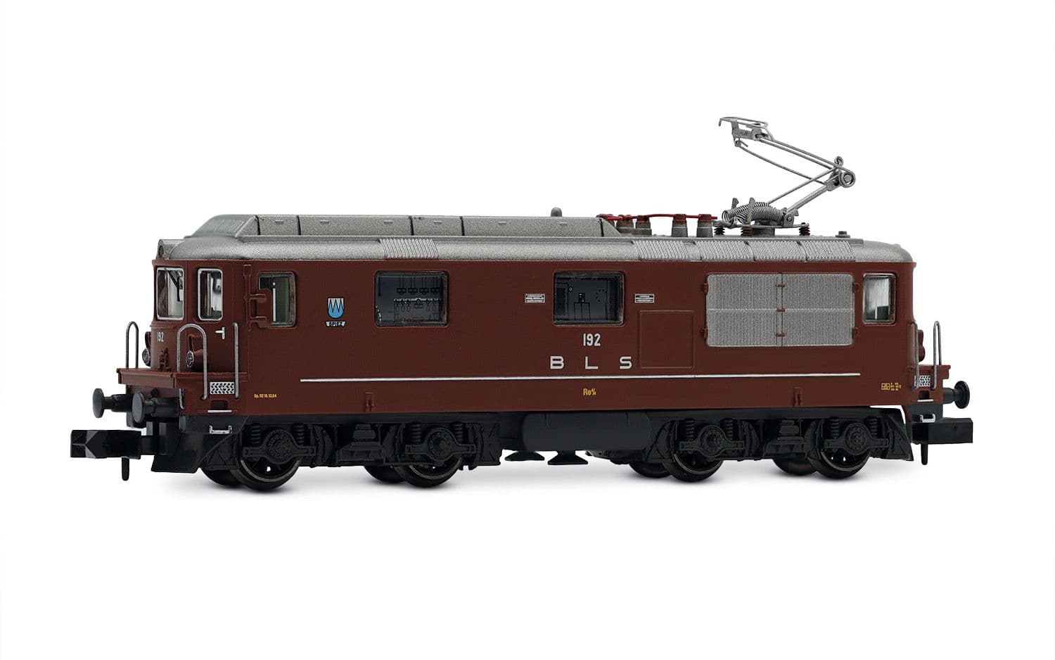 BLS, vierachsige elektrische Mehrzwecklokomotive Re 4/4 192 „Spiez“, mit Einholmstromabnehmer, braun, Ep. IV-V