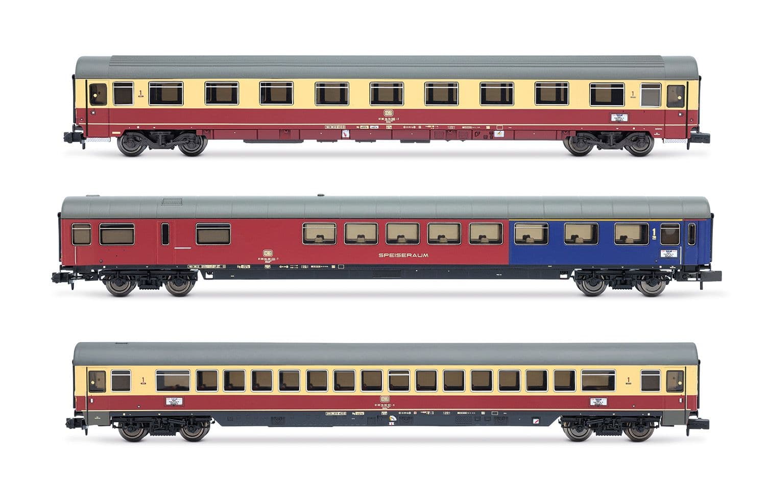 DB, 3-tlg. Set TEE-Wagen „Rembrandt", bestehend aus 1 x Speisewagen ARmh217 + 1 x Apmz122 + 1 x Avmz207, Ep. IV