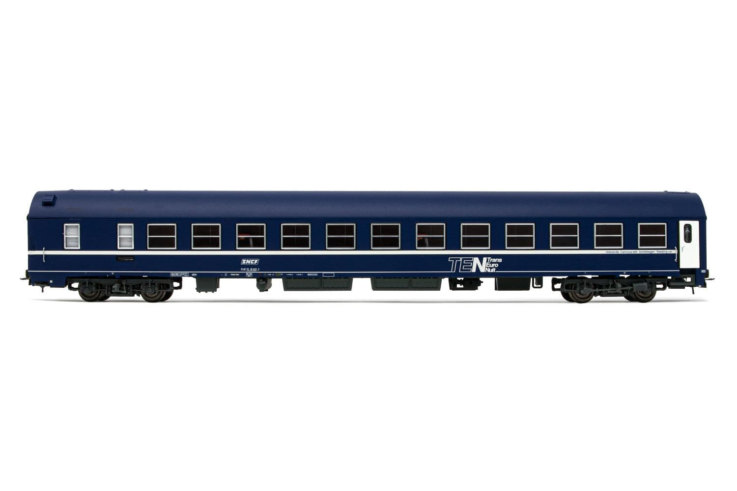 SNCF, sleeping coach MU 1973, TEN livery with logo "encadré", period IV. Suitable AC wheelsets for this item: HC6100 (10,27 x 25,20 mm)