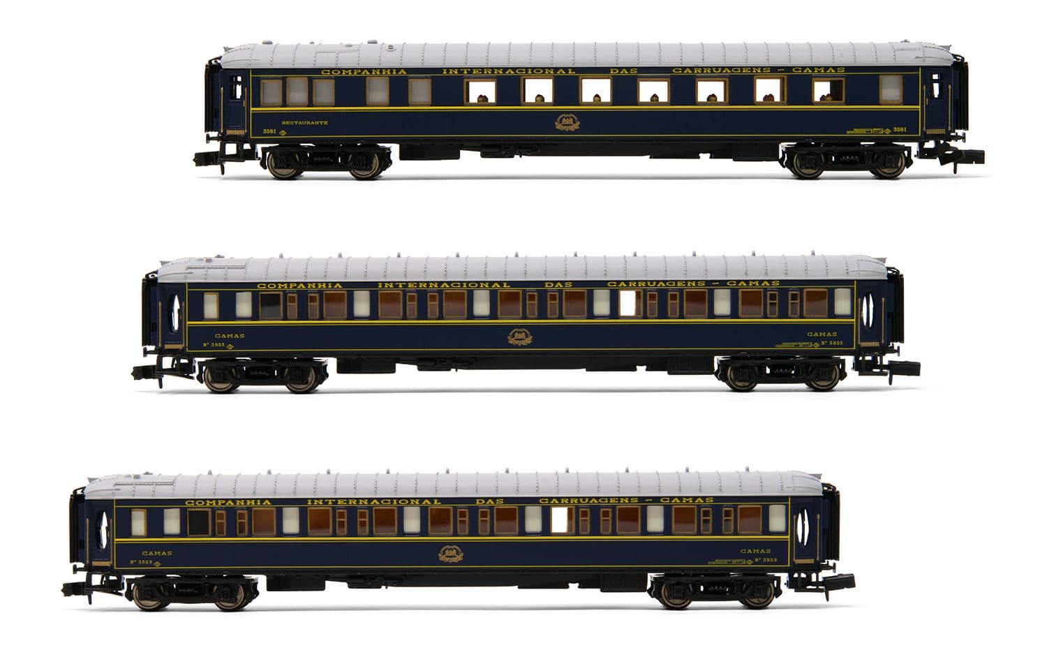 RENFE, set de 3 coches CIWL «Castellano Expreso», compuesto de 1 coche restaurante y 2 coches camas Lx, ép. IV