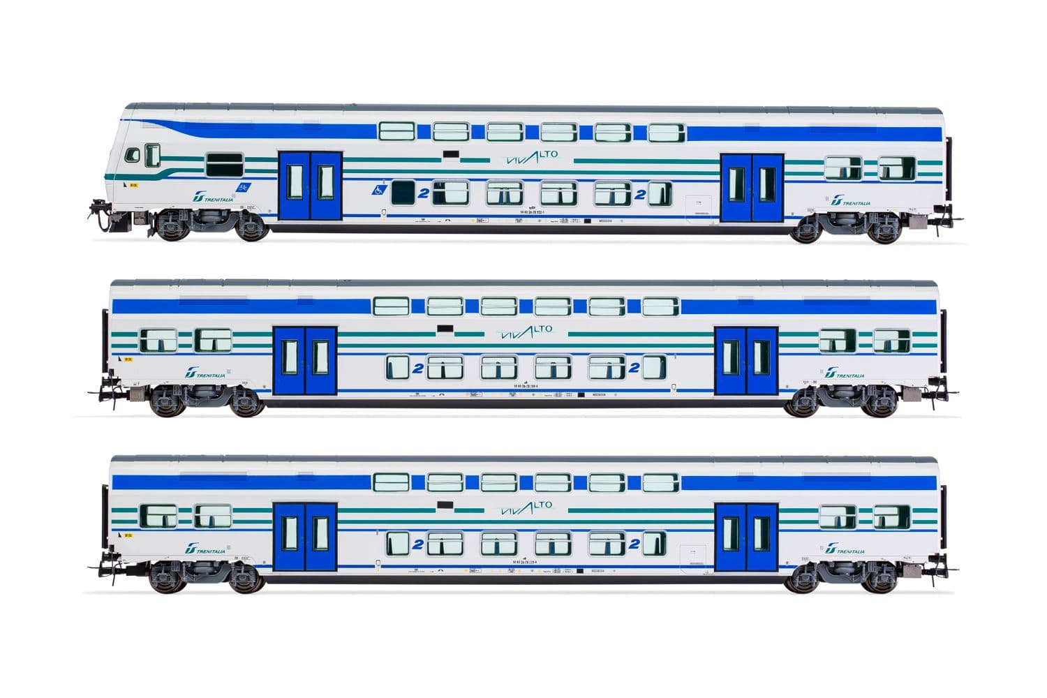 FS Trenitalia, 3-unit set of Vivalto coaches, "Vivalto" white livery with green/blue stripes, including 1 x driver's cab and 2 x intermediate coaches, period VI