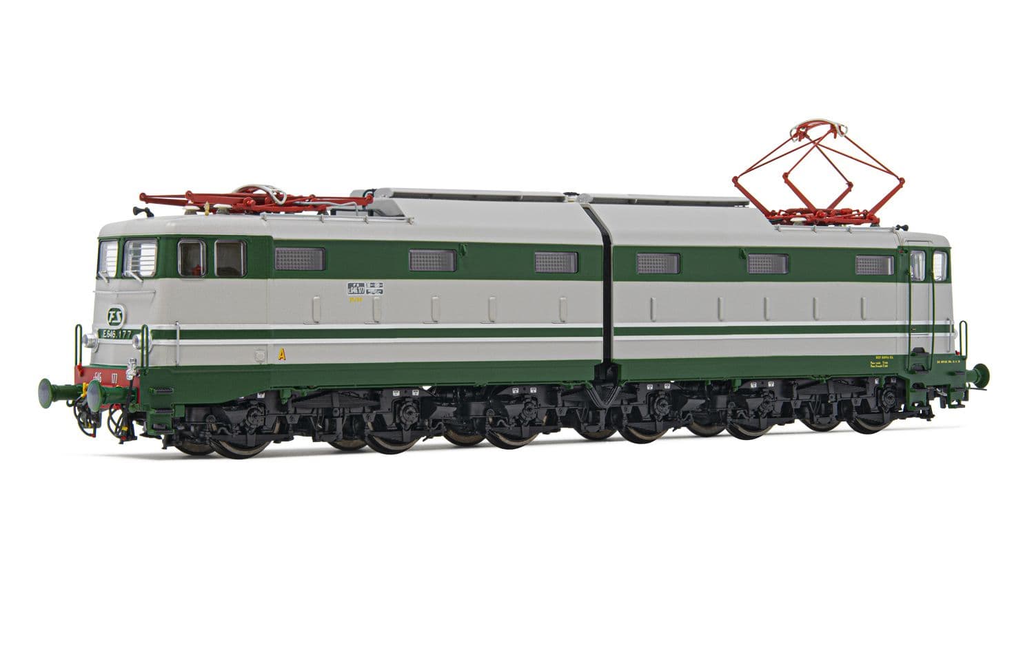 FS, electric locomotive E.646, 2nd series, green/grey livery with aluminium stripes and black bogies, period IV
