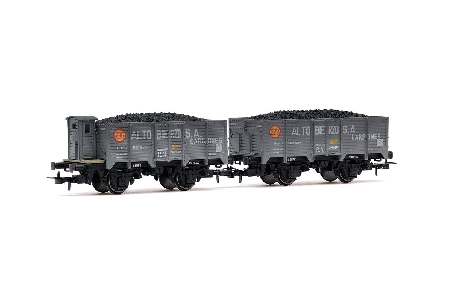 RENFE, set de 2 vagones abiertos de 2 ejes, tipo X unificado corto, cargados con carbón, decoración gris-negro