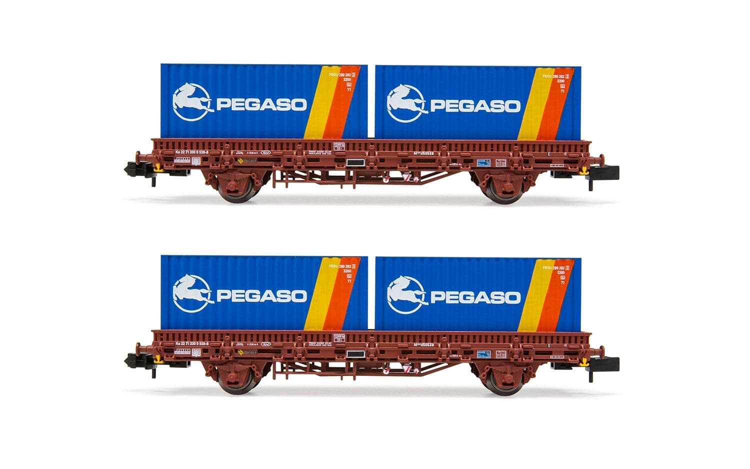 RENFE, set de 2 vagones plataforma 2 ejes, decoración rojo óxido, con carga de dos contenedores "Pegaso", ép. IV