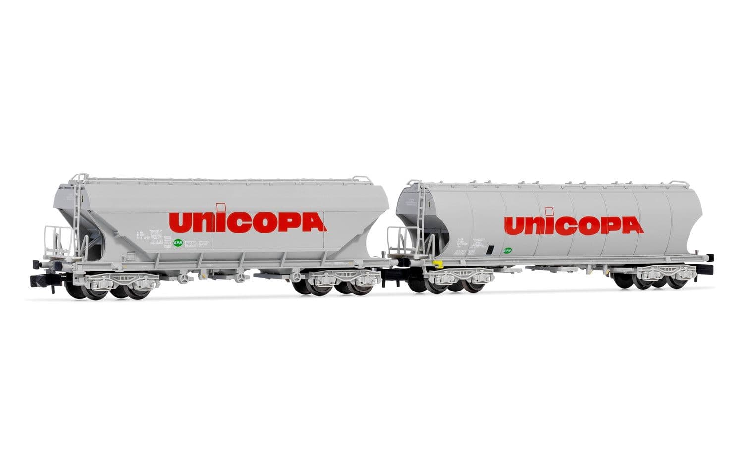 SNCF, 2-tlg. Set 4-achsige Silowagen, bestehend aus einem Wagen mit gewölbten Silowänden und einem Wagen mit geraden Silowänden, "UNICOPA", Ep. IV