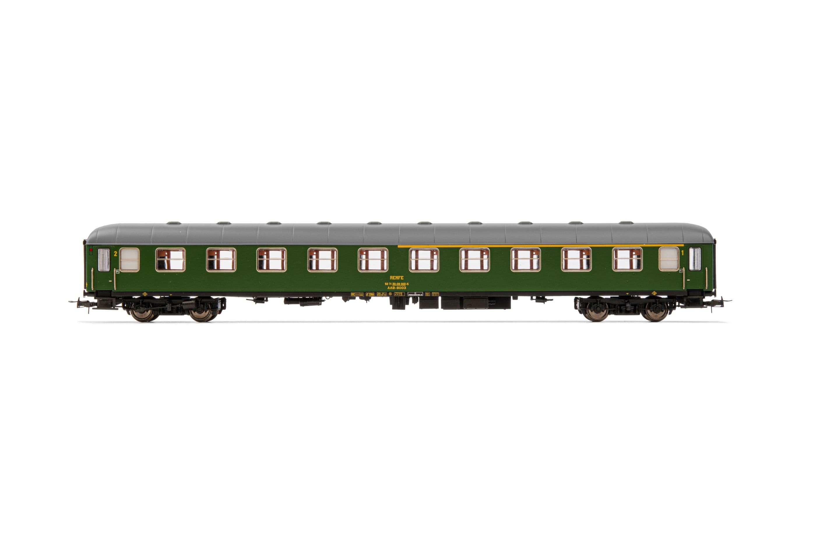 RENFE, coche AAB-8000, decoración verde 1ª/2ª clase, ép. IV