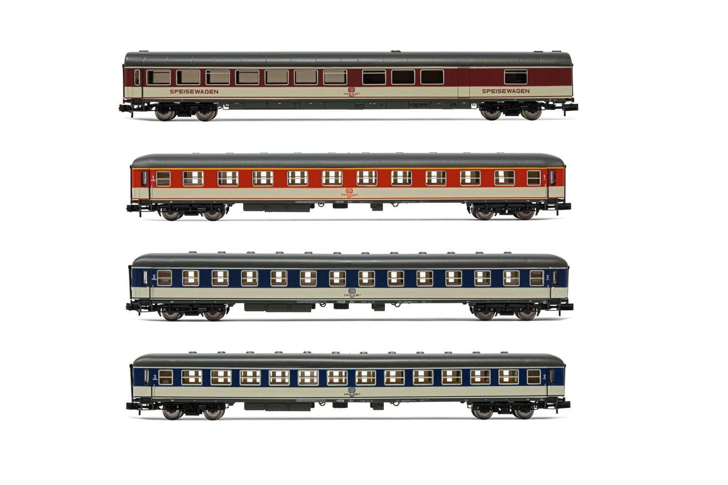 DB, coffret de 4 voitures "Popwagen", livrée bleu/gris et rouge/gris, composé de 1 x voiture de 1ère classe, 2 x voitures de 2ème classe et 1 x voiture restaurant, ép. IV