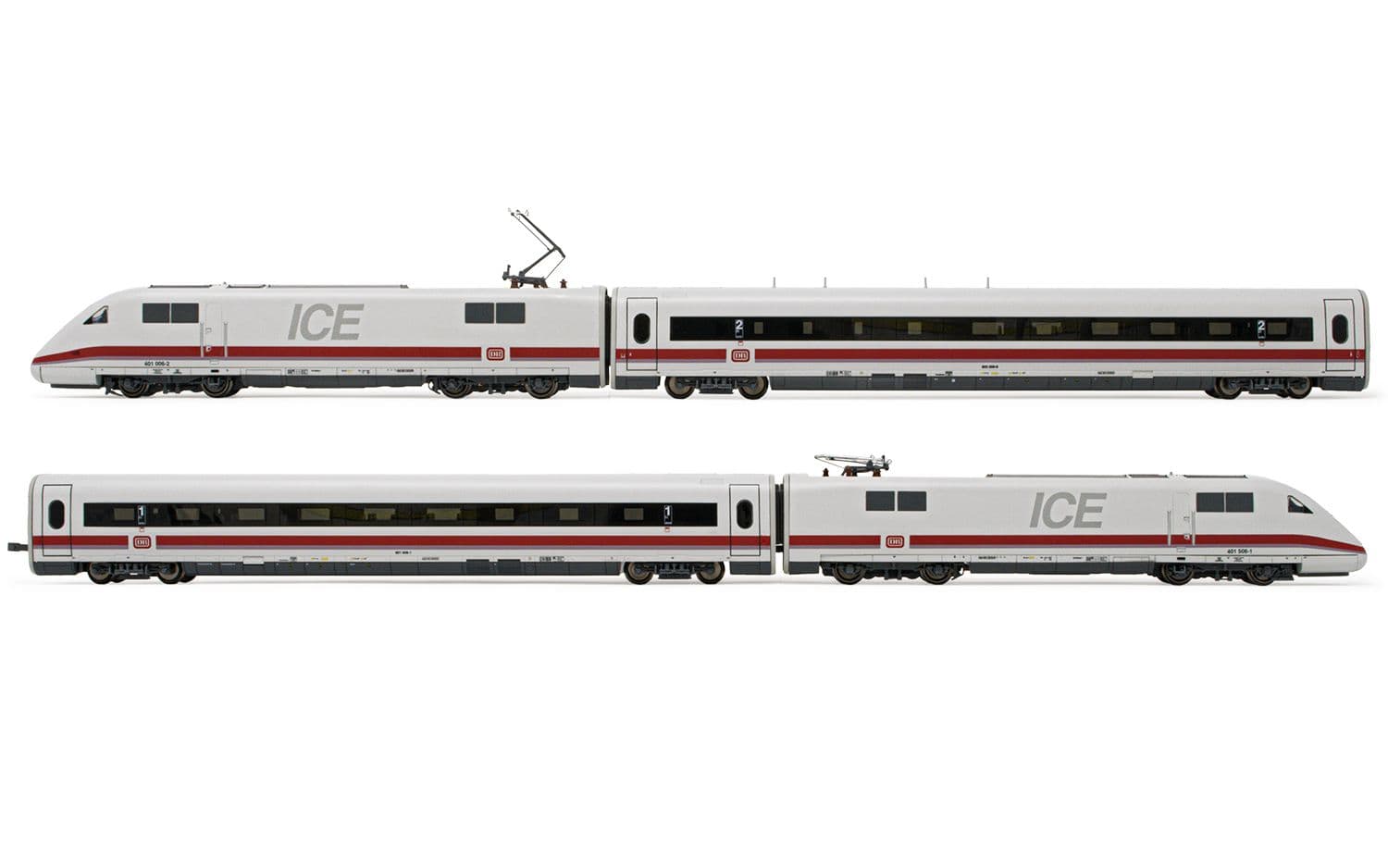 DB, set di 4 unità, elettrotreno ad alta velocità ICE 1 BR 401, livrea bianca/rossa, composto da locomotiva motorizzata, locomotiva folle e 2 carrozze intermedie, ep. IV-V
