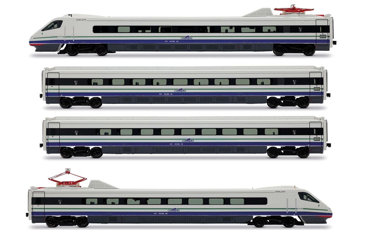 Cisalpino, set base di 4 unità, treno ad alta velocità ad assetto variabile ETR 470, livrea d'origine con fascia anteriore rossa, ep. V