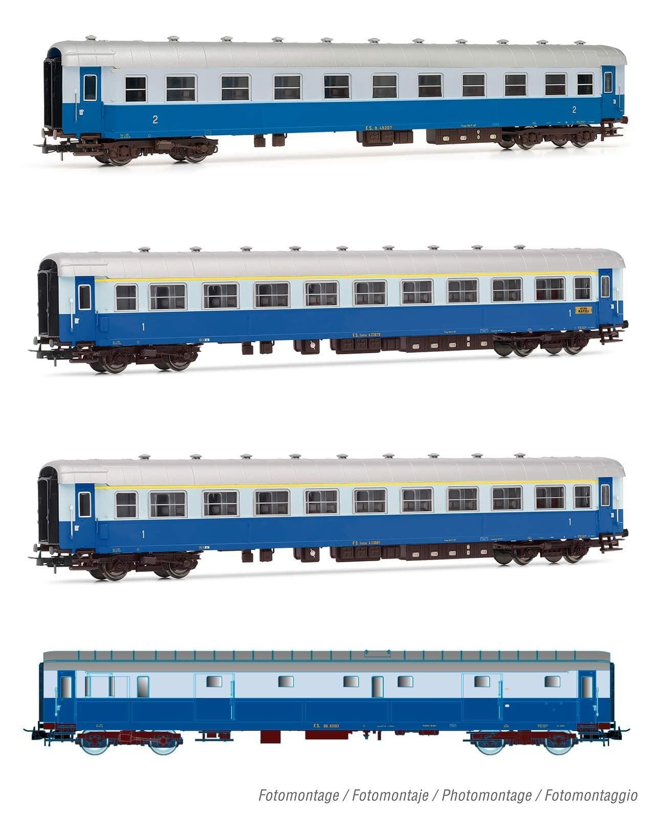 Rivarossi (H0 1:87) FS, schneller Zug Å¡Treno AzzurroËœ, von einem Mail-GepÃ¤ck van Typ 49, Typ 2. Klasse 59, zwei der 1. Klasse Typ 59 in der blauen und hellblauen Lackierung, Periode III zusammengesetzt gesetzt