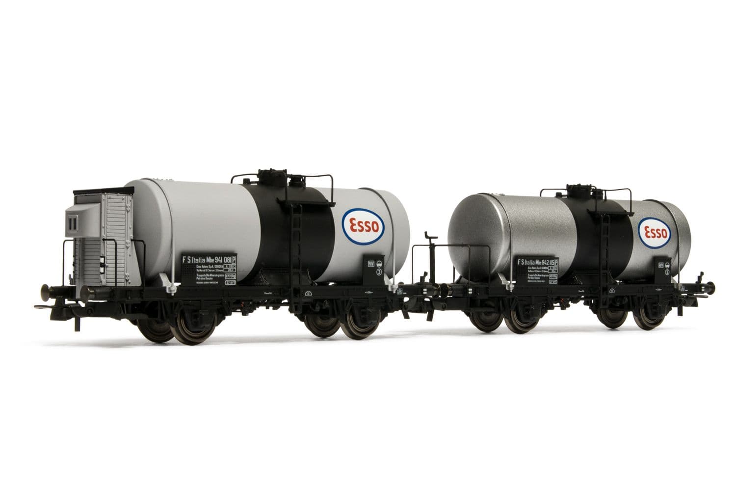 FS, 2-unit set of 2-axle tank wagons Mbe (1 without brakeman's cab, 1 with), 27 m3 tank, "Esso" logo, period III