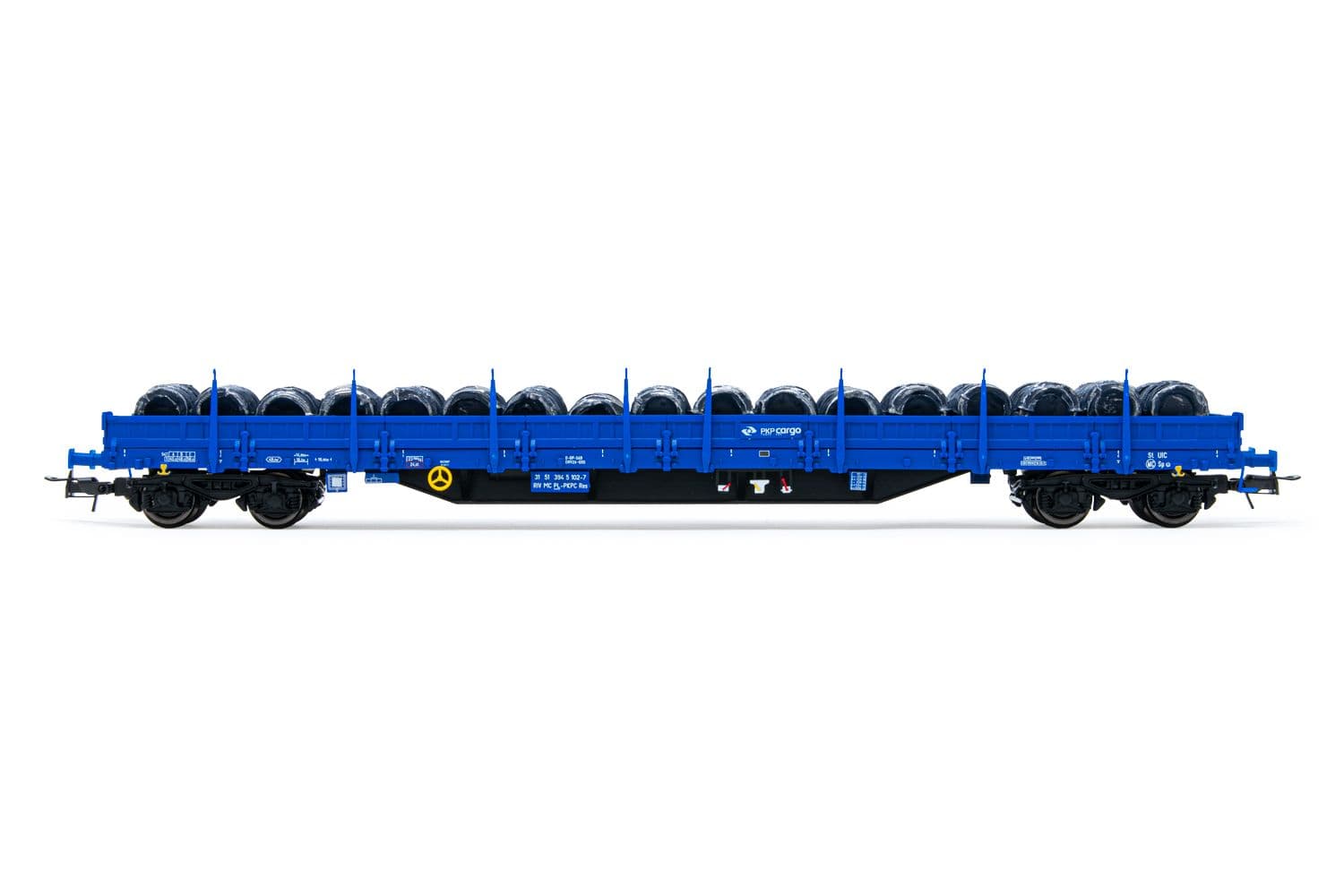 PKP, 4-axle Flachwagen Res, in blauer Lackierung, beladen mit Drahtrollen, Ep. V-VI