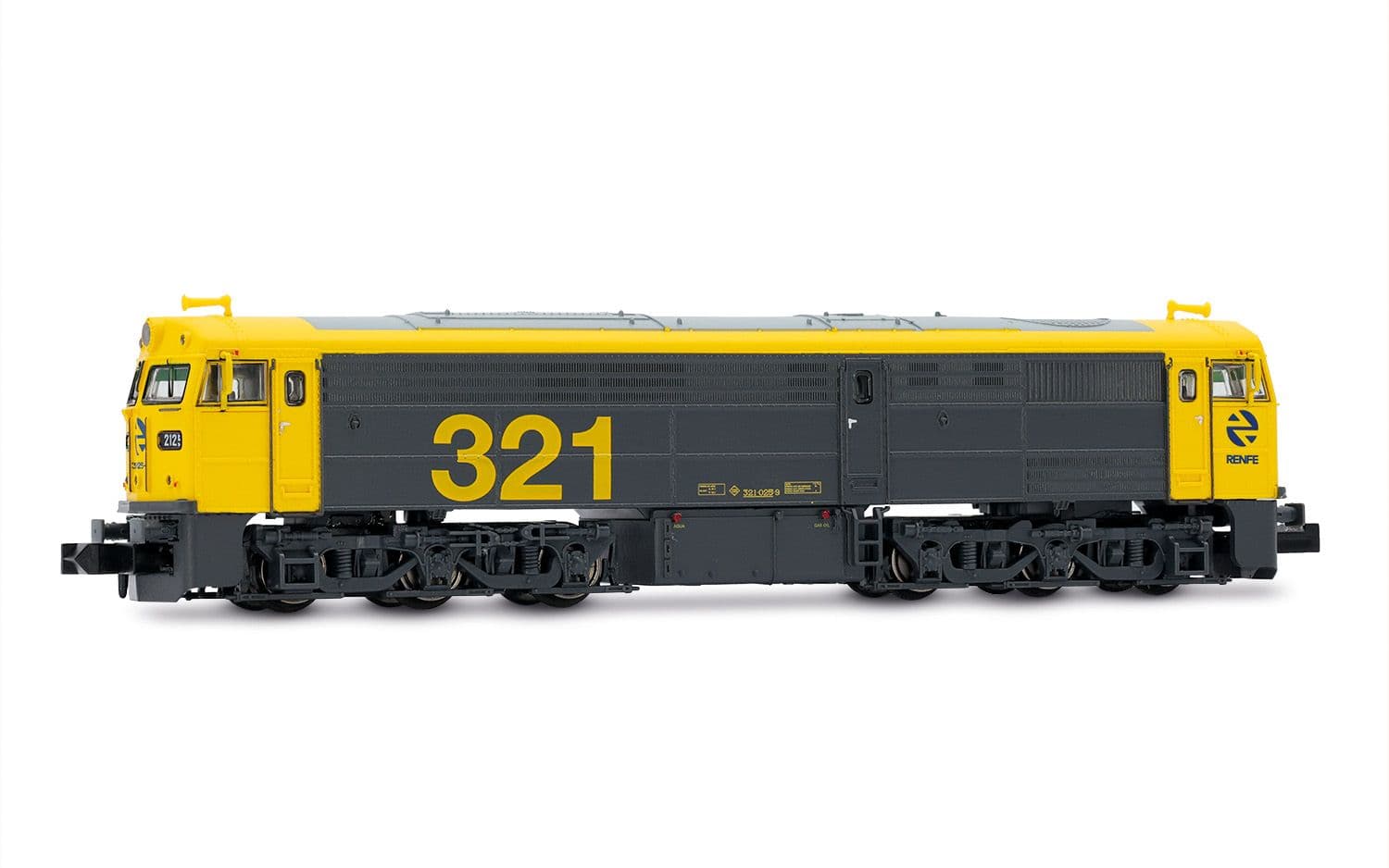 RENFE, Diesellokomotive 321-025, mit Schneepflug, gelb-graue Farbgebung mit gelben Nummern, Ep. V, mit DCC-Sounddecoder