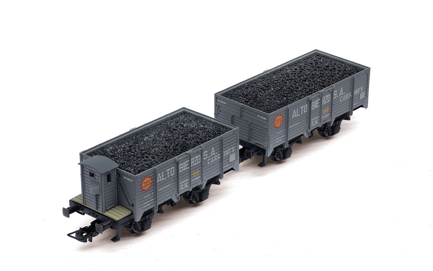 RENFE, set de 2 vagones abiertos de 2 ejes, tipo X unificado corto, cargados con carbón, decoración gris-negro