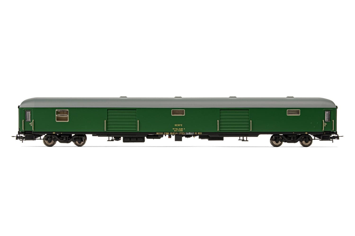 RENFE, furgón D11-11400, decoración verde, ép. IV