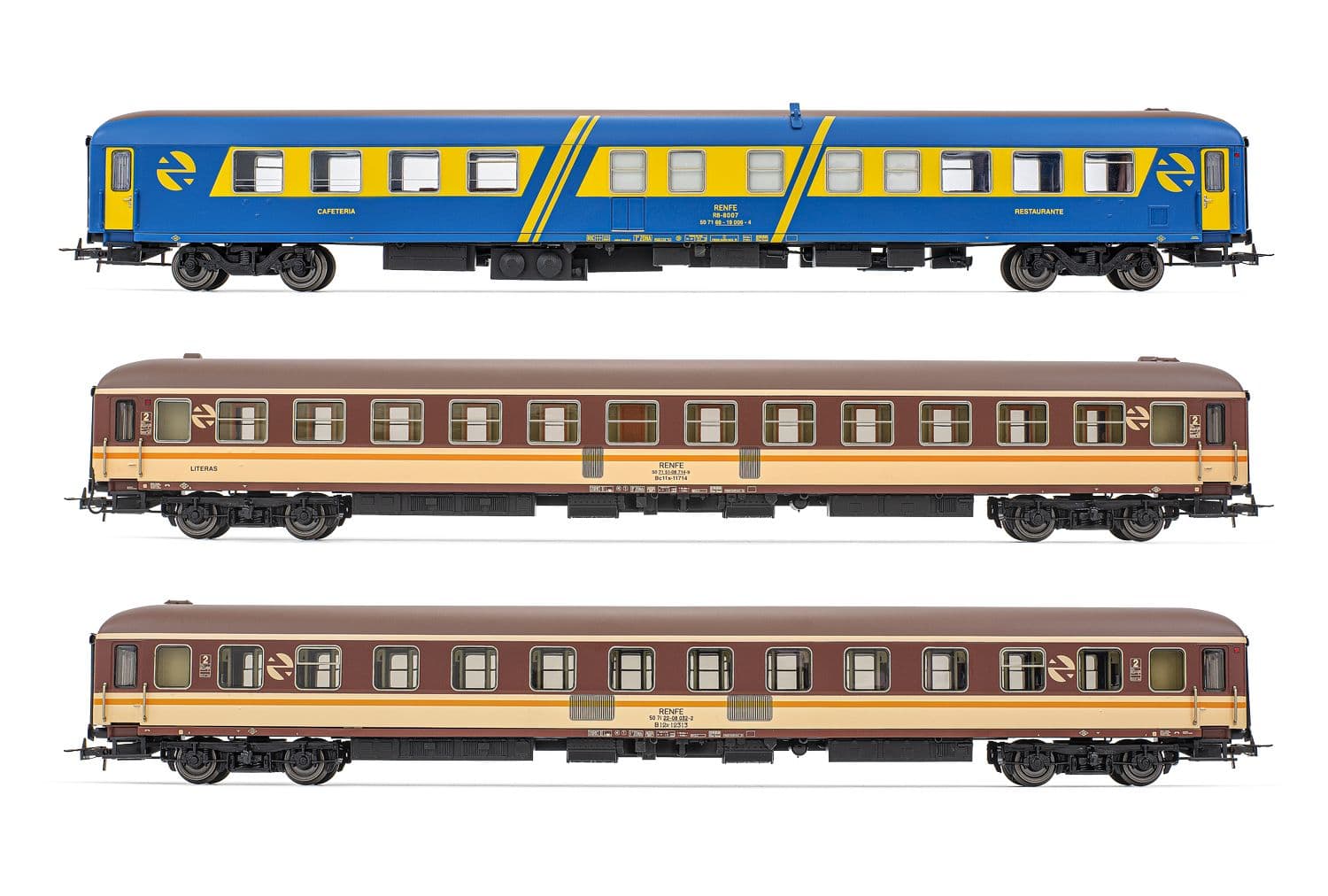 RENFE, set de 3 coches «Media Luna», compuesto de 1 coche restaurante R8 en decoración azul/amarilla, 1 coche de segunda clase 12300 en decoración «Estrella» y 1 coche camas 11600 en decoración «Estrella», ép. IV