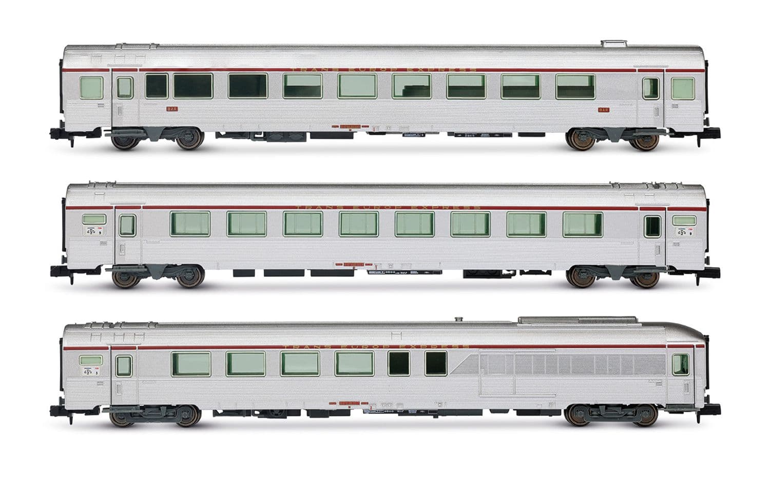 SNCF, set de 3 coches climatizadosTEE "Mistral", Niza - París, compuesto por 1 x Arux + 1 x A8u + 1 x AD4tux, ép. IV