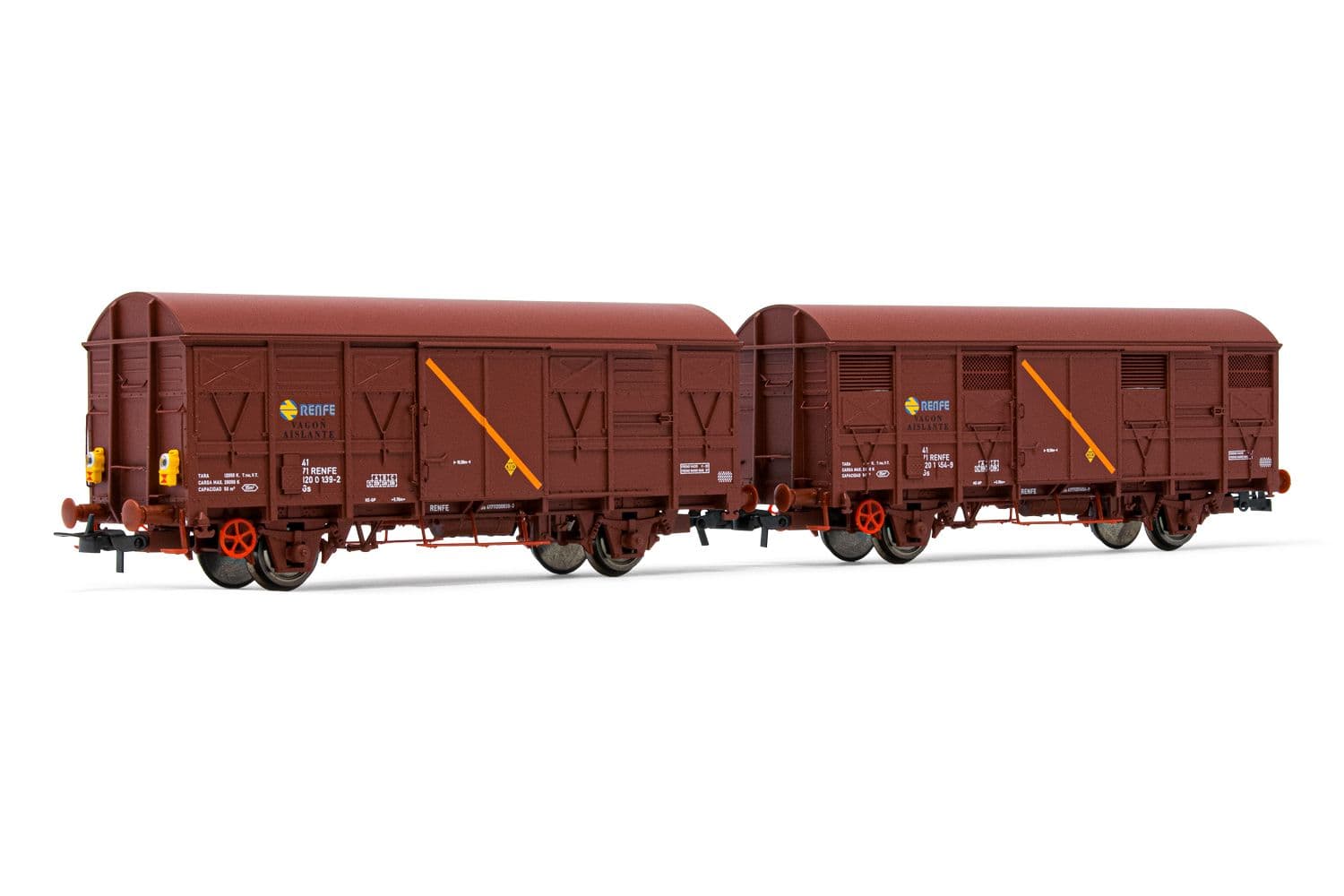 RENFE, 2-unit set of 2-axle closed wagons J2, "Vagón Aislante", one with red rear light, period IV. Suitable AC wheelsets for this item: HC6101 (11,27 x 24,25 mm)