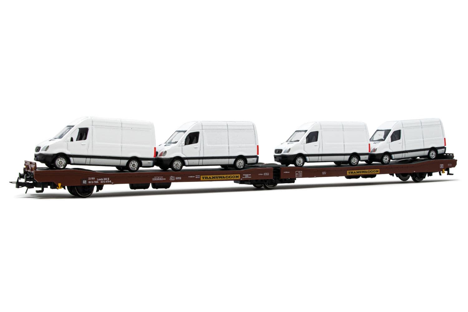 Transwaggon, 3-axle flat wagon Laads, brown livery, loaded with Sprinter vans, period V-VI