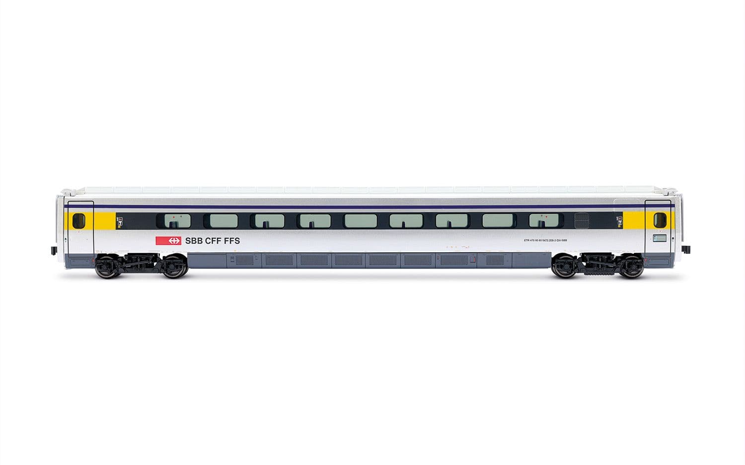 FFS, set base di 4 unità, treno ad alta velocità ad assetto variabile ETR 470, livrea argento con strisce blu, ep. V