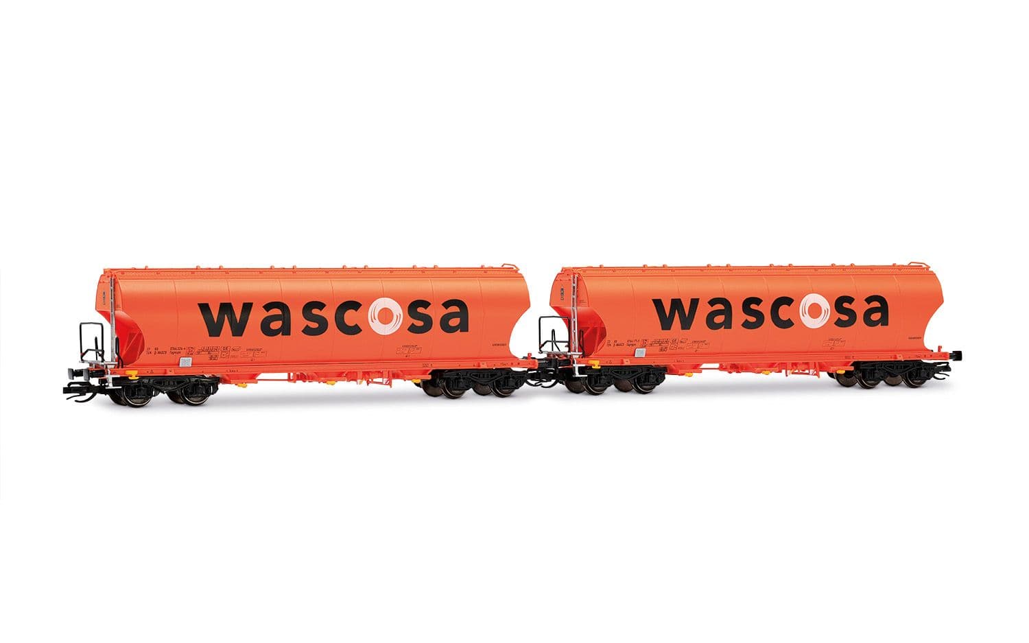 D-WASCOSA, 2-tlg. Set 4-achs. Getreidesilo-Wagen mit runden Seitenwänden, orange Farbgebung, großes „WASCOSA”-Logo