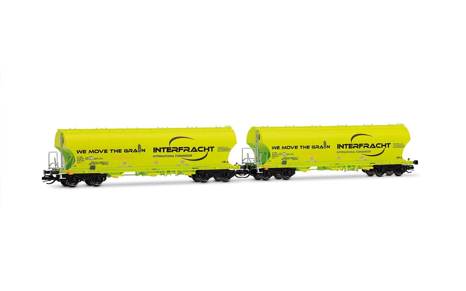 CZ-interfracht, 2-unit set of 4-axle silo wagons, neon green livery, ep. VI